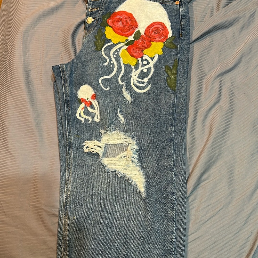 High Rise Blue and Red Distressed Jeans - Picture 2 of 4